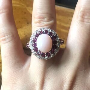 Peruvian Pink Opal Garnet Sterling Silver Cocktail Ring Size 8
